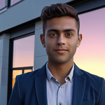 **A young, confident professional standing in front of a modern startup office building at dusk, light reflecting in their eyes, symbolizing the opportunity to launch their own startup after gaining their information processing engineering certification.**