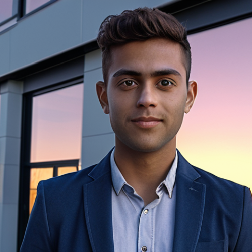 Home 4 **A young, confident professional standing in front of a modern startup office building at dusk, light reflecting in their eyes, symbolizing the opportunity to launch their own startup after gaining their information processing engineering certification.**