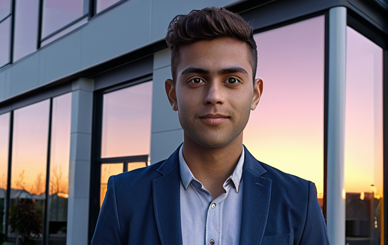 **A young, confident professional standing in front of a modern startup office building at dusk, light reflecting in their eyes, symbolizing the opportunity to launch their own startup after gaining their information processing engineering certification.**