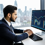 A focused male information processing engineer, wearing a modest dark business suit and a light professional shirt, seated at a sleek modern desk in a well-lit, contemporary office. He is intently looking at a high-resolution monitor displaying abstract data visualizations and subtle AI interface elements. A neatly organized digital planner, a few professional technical books, and a stylish digital clock are on the desk. The background features a large window with a blurred, professional city skyline. The lighting is soft and ambient. fully clothed, appropriate attire, professional dress, safe for work, appropriate content, perfect anatomy, correct proportions, natural pose, well-formed hands, proper finger count, natural body proportions, high-quality, professional photography.
