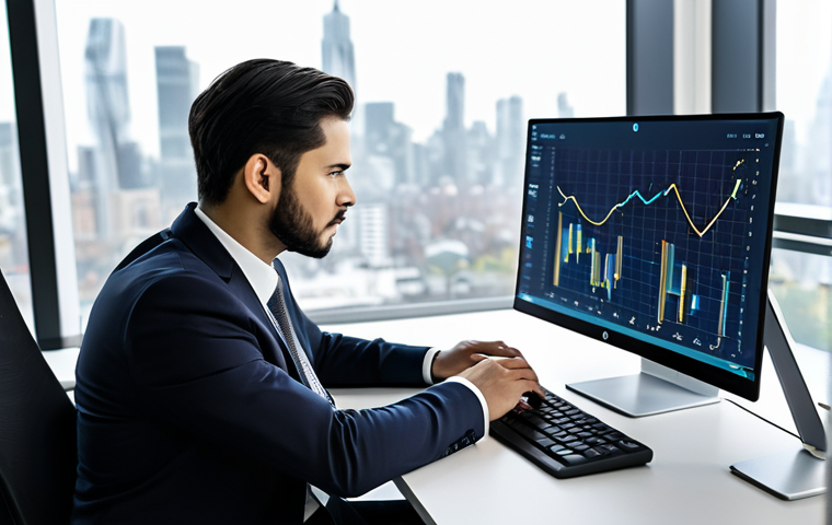 A focused male information processing engineer, wearing a modest dark business suit and a light professional shirt, seated at a sleek modern desk in a well-lit, contemporary office. He is intently looking at a high-resolution monitor displaying abstract data visualizations and subtle AI interface elements. A neatly organized digital planner, a few professional technical books, and a stylish digital clock are on the desk. The background features a large window with a blurred, professional city skyline. The lighting is soft and ambient. fully clothed, appropriate attire, professional dress, safe for work, appropriate content, perfect anatomy, correct proportions, natural pose, well-formed hands, proper finger count, natural body proportions, high-quality, professional photography.