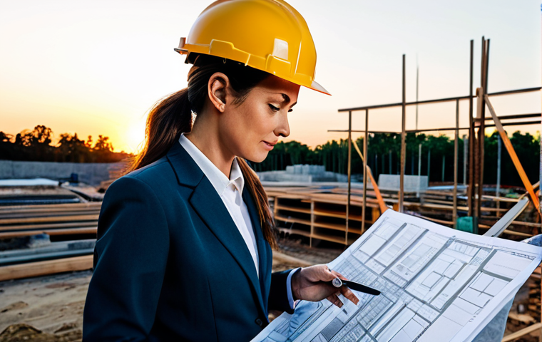 **Prompt:** A professional female architect in a modest, stylish business suit, reviewing blueprints on a construction site at sunset, hard hat on, fully clothed, appropriate attire, safe for work, perfect anatomy, natural proportions, professional photograph, high quality, family-friendly.