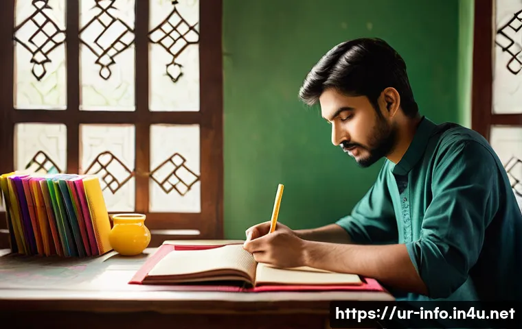 정보처리 필기와 실기의 효율적인 학습 플랜 - A detailed study scene in a cozy Pakistani home setting with a young adult male student sitting at a...