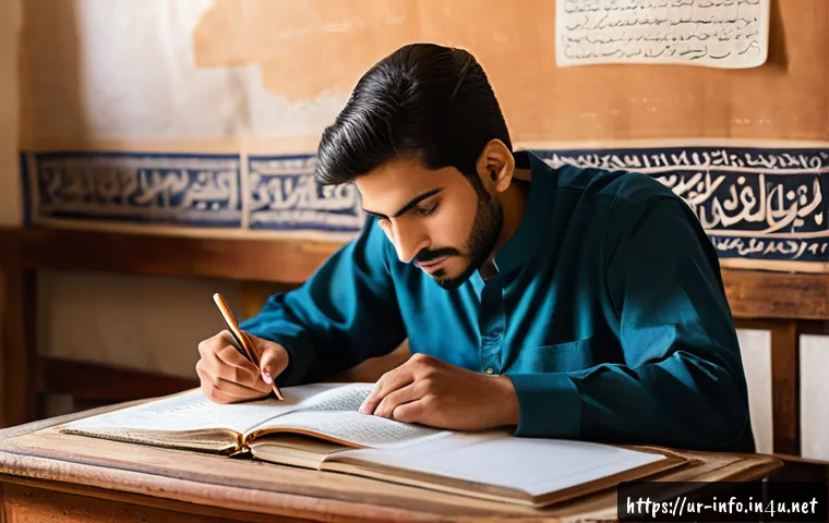 정보처리 실기 시험에서 많이 실수하는 영역 - A focused Pakistani student studying at a wooden desk in a traditional home setting, wearing modest ...