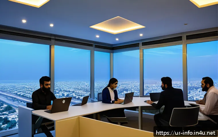 정보처리 실기 시험과 IT 실무 능력의 상관관계 - A modern Pakistani office environment showcasing a diverse group of professionals using laptops and ...