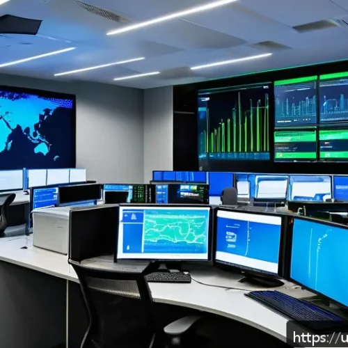 Home 30 정보처리 실기 시험에서 강조된 네트워크 기술 - A detailed, high-tech network control room in a modern office setting, featuring large digital scree...
