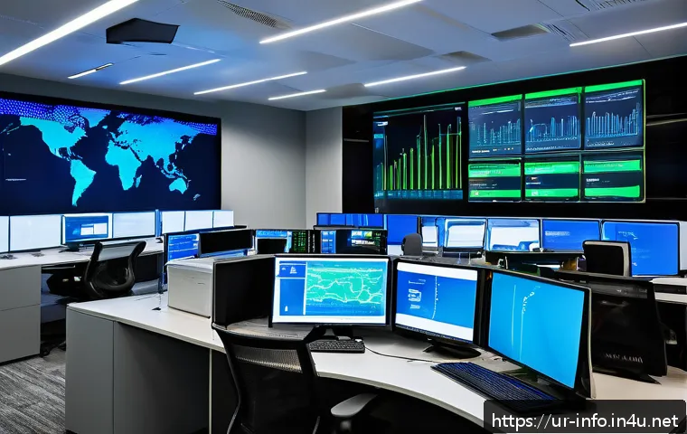 정보처리 실기 시험에서 강조된 네트워크 기술 - A detailed, high-tech network control room in a modern office setting, featuring large digital scree...
