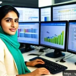 Home 23 정보처리 자격증과 관련된 IT 업계 최신 동향 - A modern office environment in Pakistan with a young professional woman wearing smart casual attire ...