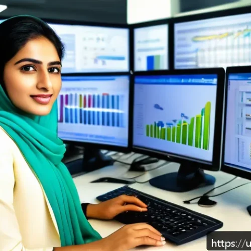 Home 17 정보처리 자격증과 관련된 IT 업계 최신 동향 - A modern office environment in Pakistan with a young professional woman wearing smart casual attire ...