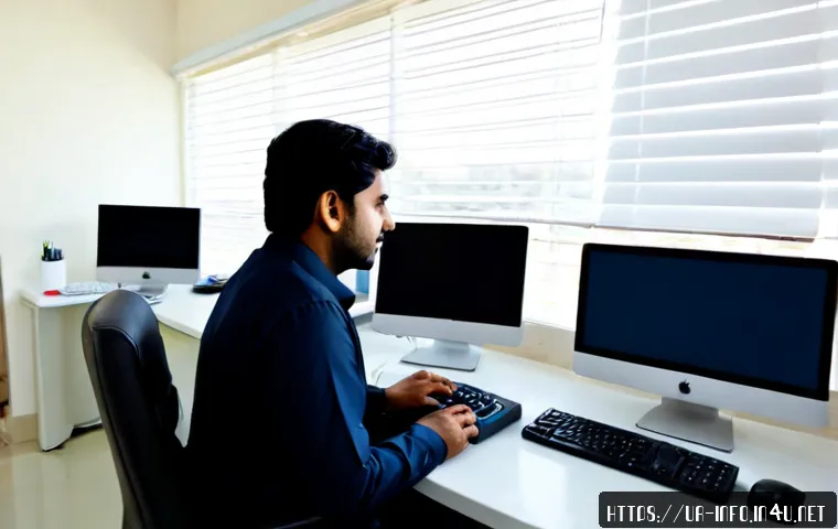 현업에서 요구되는 정보처리 실무 능력 - Photorealistic modern Karachi office, a focused Pakistani IT professional organizing data on dual co...